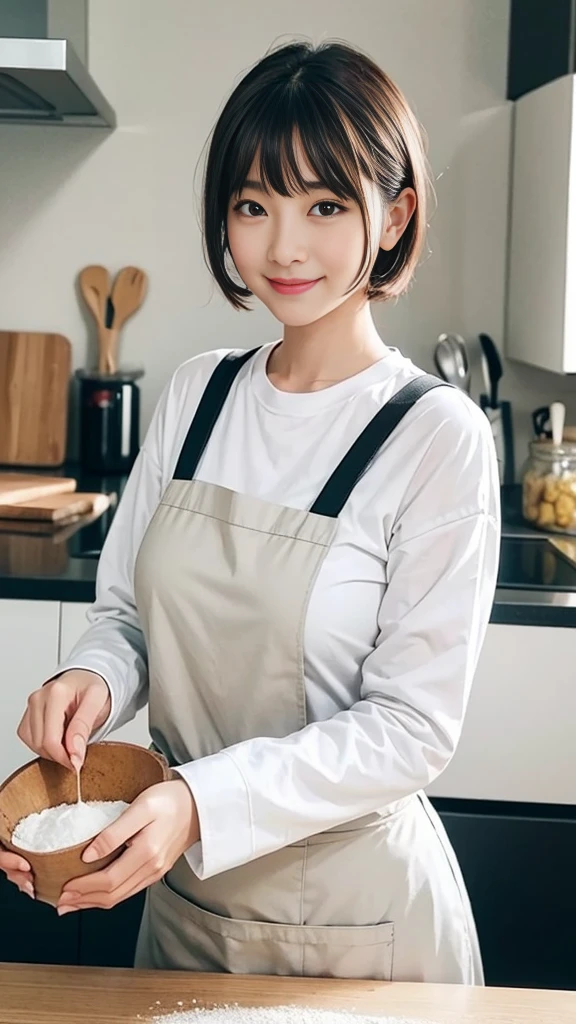 Browsing Caution:1.1、Active women, smile、Age: 40 years old, Mature Woman, Bake cookies in a sunny kitchen, Surrounded by flour, Stir the bowl、Huge breasts 、short hair、Black-haired、Wearing a white apron、Long Sleeve T-Shirt、((Tight clothing))、(blunt bangs)
