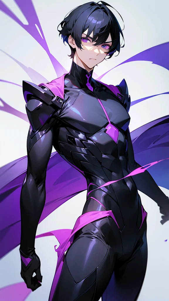 A tall, white man with short, black hair and purple eyes, stands confidently. He is wearing a stylish, black suit. He has a serious expression, high detailed, 8K, masterpiece.