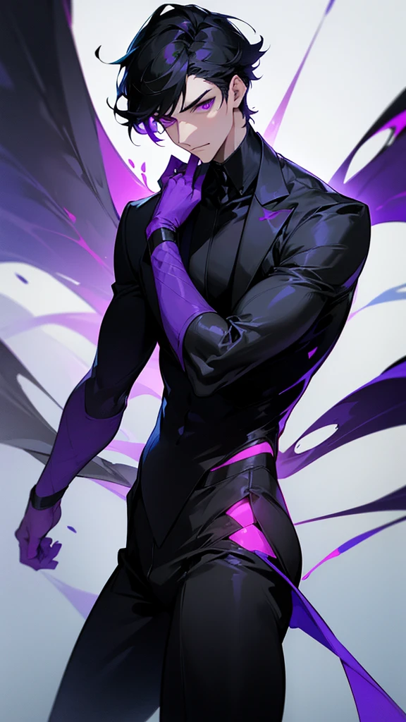 A tall, white man with short, black hair and purple eyes, stands confidently. He is wearing a stylish, black suit. He has a serious expression, high detailed, 8K, masterpiece.
