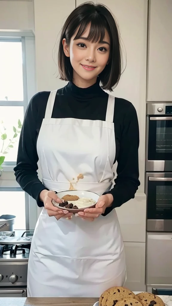 Browsing Caution:1.1、Active women, smile、Age: 40 years old, Mature Woman, Bake cookies in a sunny kitchen, Surrounded by flour, Stir the bowl、Huge breasts 、short hair、Black-haired、Wearing a white apron、Long Sleeve T-Shirt、((Tight clothing))、(blunt bangs)