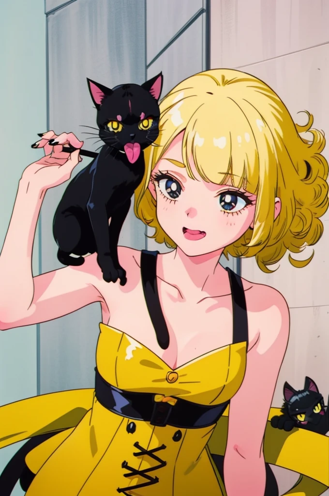 ((Anime Screen Capture:1.3))、Highest quality、masterpiece、((Girlは黒猫と一緒だ:1.3))、((1 Girl:1.3))、((She has curly hair:1.5))、((Perm:1.3))、((Her mouth is big、White teeth are visible:1.ur teeth are very beautiful:1.5))、(((She has her bangs down:1.8)))、(((Her bangs are straight:1.8)))、(((Yellow Hair:1.8)))、((black eye:1.8))、Detailed face、((Black cat and a little g(whole body:1.5))、((Girl))