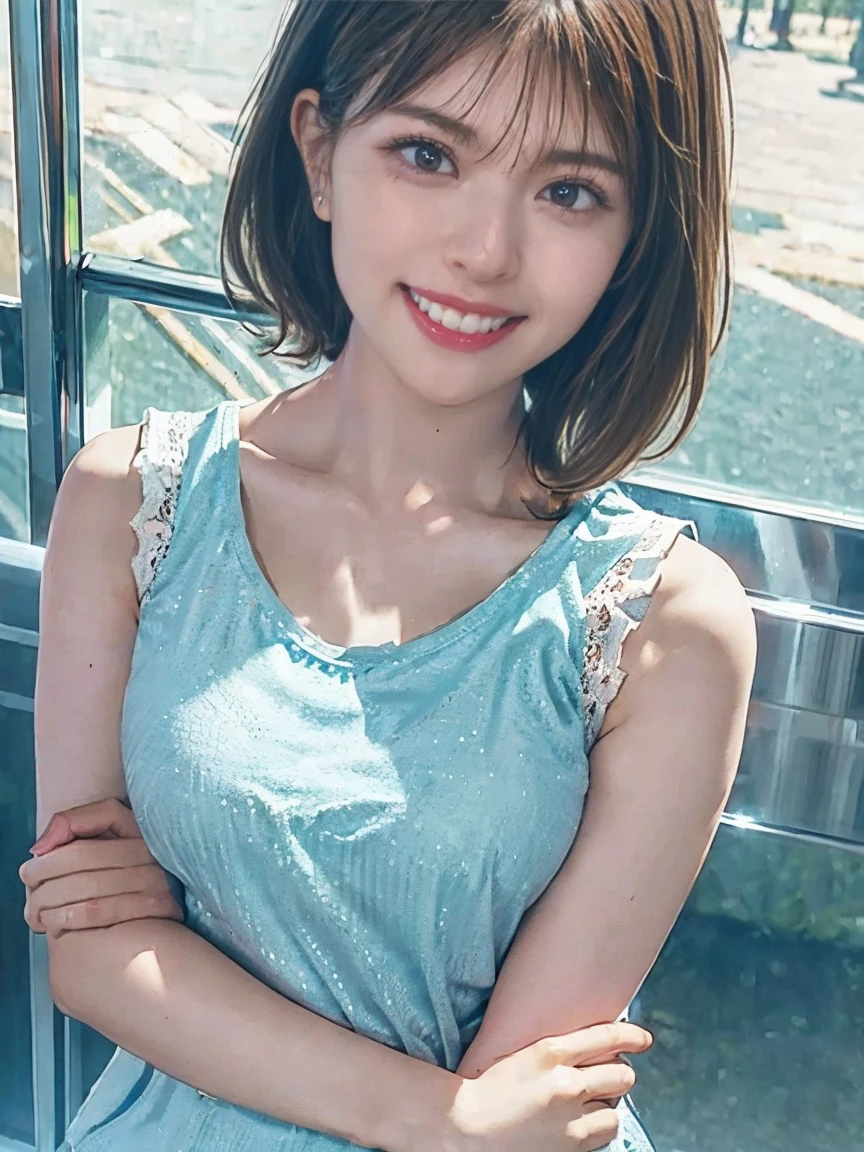 1girl, woman, 25 years old woman, girl in summer clothes, beautiful, medium breasts, flirtatious look, ((very detailed)), (perfectly detailed face), (well detailed hand), photorealistic image, high res, 1girl, woman, ((tanktop jersey:1.78)), looking at viewer:1.8, (1girl eyes looking at viewer:1.55), camisole, Upper body, Plain costumes, Simple Background, Emphasis on the chest, Hands behind the body, White outfit, photorealistic, (bokeh), best quality, 8k, UHD, UHD