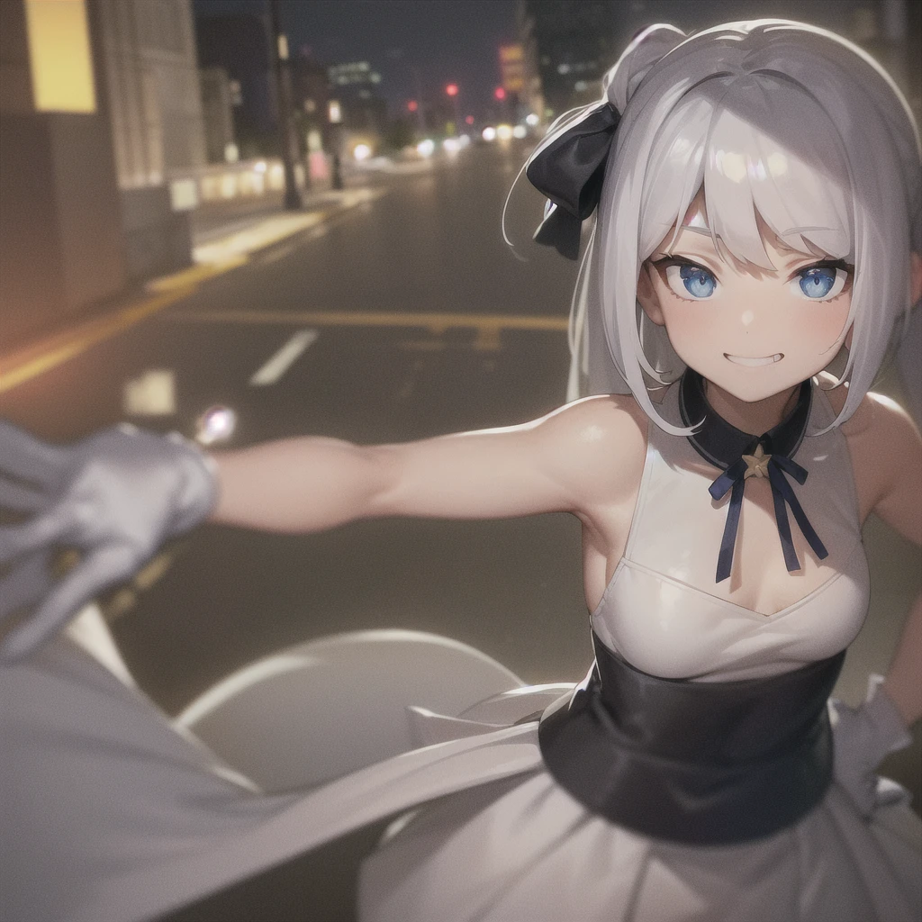 1girl, solo, absurdres, best quality, (smug smile:1.2), white hair, blue eyes, sleeveless dress, hair ornament, black dress, short, side ponytail, long hair, outdoors, nighttime, night, city, stars, starry sky, small breasts, flat chest, white gloves, white stockings, (hands on hips:1.2), (portrait, straight on, POV, looking at viewer, upper body:1.3)