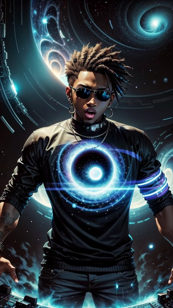 A guy with urban style. trap music singing guy. With a black hole and hundreds of asteroids 