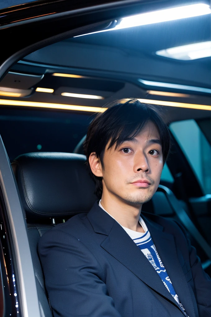 （Tokyo night time：1.2）、（A 30-year-old Japanese male office worker、A dull face and a blue beard：1.1）、Sitting alone in the back seat of a car、Has a surprised look on his face
