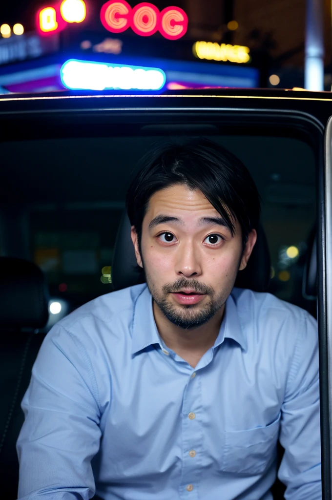 （Tokyo night time：1.2）、（A 30-year-old Japanese male office worker、A dull face and a blue beard：1.1）、Sitting alone in the back seat of a car、Has a surprised look on his face
