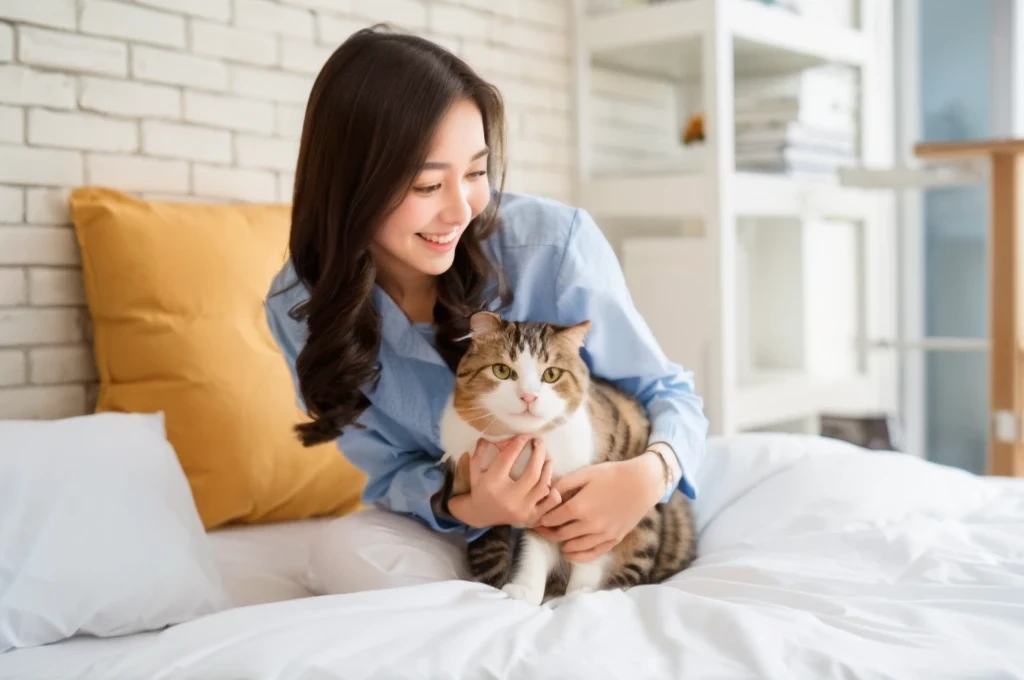 woman sitting on bed holding a Cat in her arms, woman and Cat, holding a Cat, she is holding a Cat in her arms, with small Cat on lap, petting a Cat, big cheeks holding her Cat, a sick Cat laying in a bedroom, , 苏格兰折耳Cat, Cat, , a Cat is smiling, , the Cat is smiling,