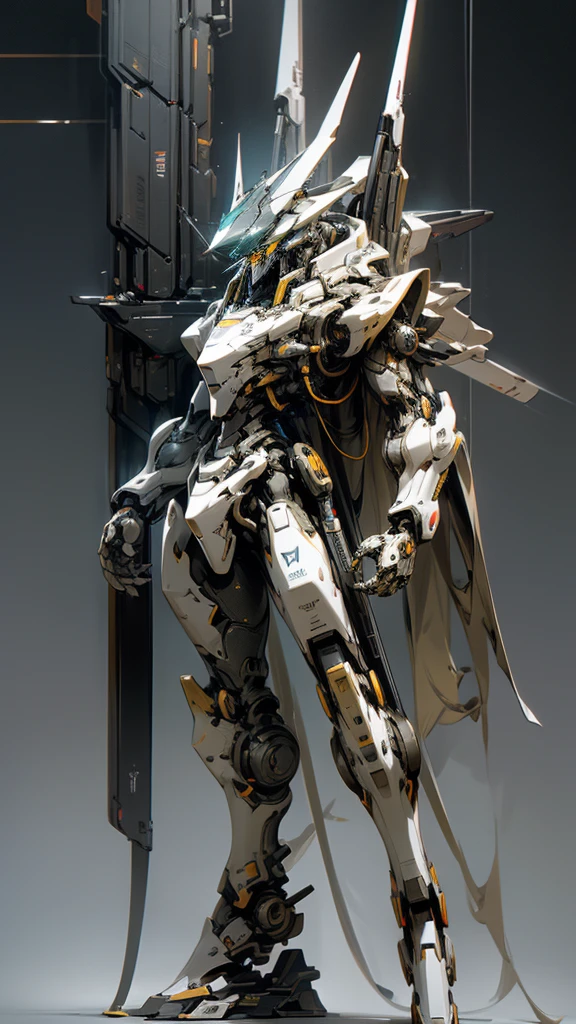 A highly detailed and realistic full-body image of a futuristic robot similar to the protagonist mecha from 'ANUBIS ZONE OF THE ENDERS.' The robot features a sleek and aerodynamic design with sharp edges, metallic surfaces, and glowing accents. It conveys agility and power with advanced technology and intricate mechanical components. The robot is fully visible standing, equipped with jet-like thrusters, a distinctive headpiece with glowing eyes, and weapon systems integrated into its limbs. The design emphasizes its skeletal structure and intricate wiring. The background is a futuristic sci-fi environment, possibly a space station or a high-tech cityscape, adding to the overall realism and immersive feel.