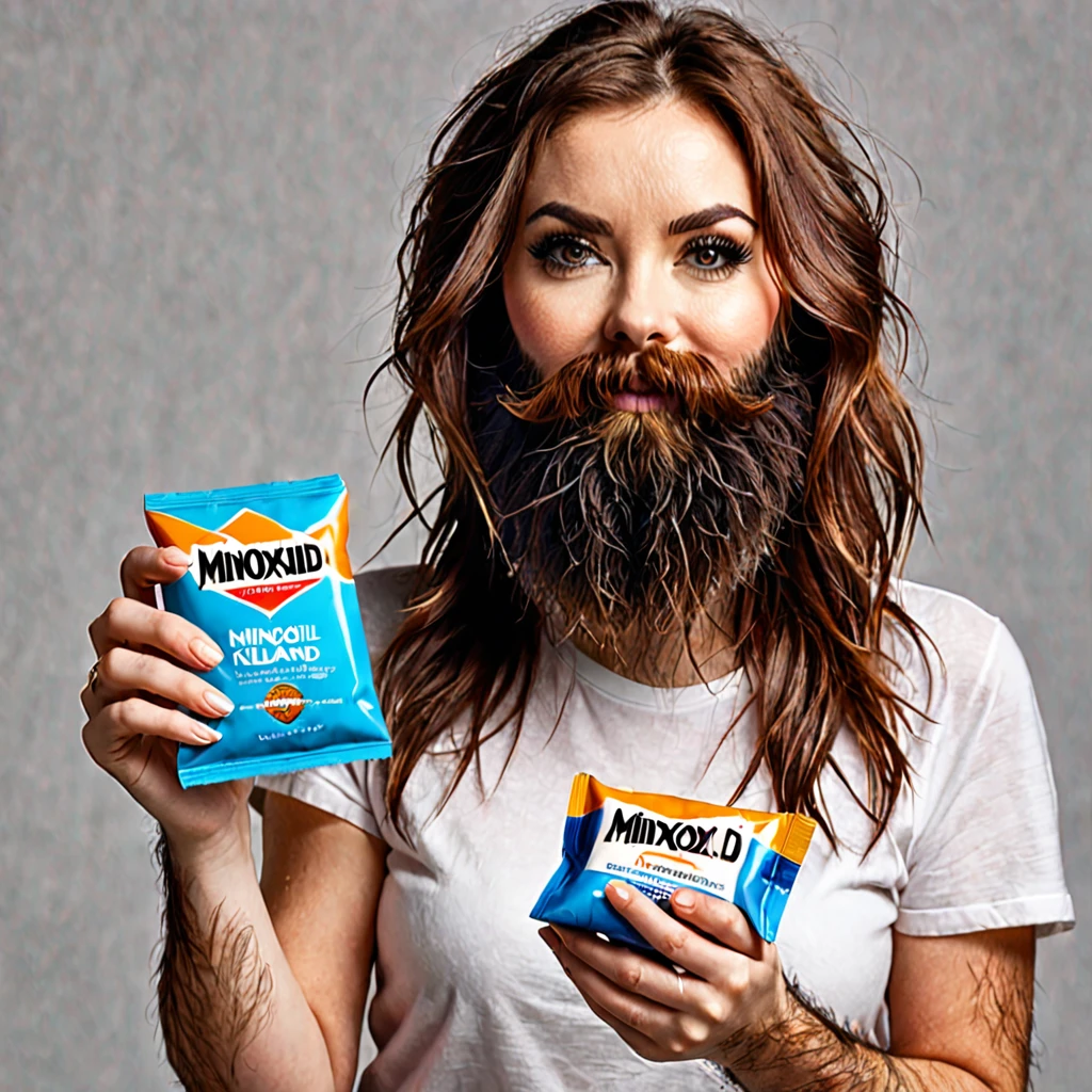 extremely bearded shaggy and hairy woman, hold a packet of minoxidil kirkland in her hands