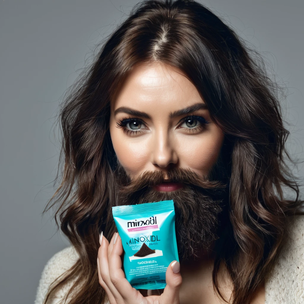 extremely bearded shaggy and hairy woman, hold a packet of minoxidil kirkland in her hands