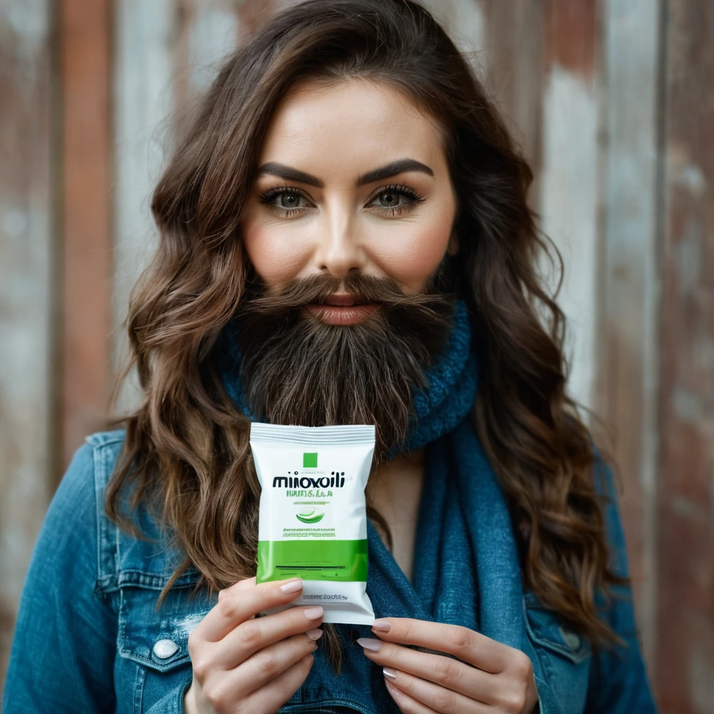 extremely bearded shaggy and hairy woman, hold a packet of minoxidil kirkland in her hands
