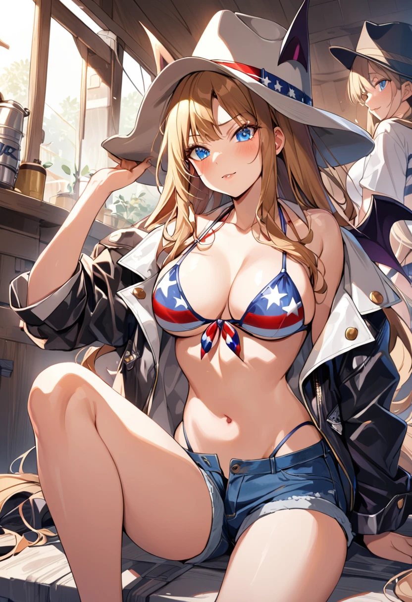 10th Generation,A beautiful woman,Beautiful breasts,Moe,Succubus,bat wings on the back,,Stars and Stripes front tie bikini top,Cowhide jacket,Denim shorts,Ten-gallon hat,Golden long hair,blue eyes