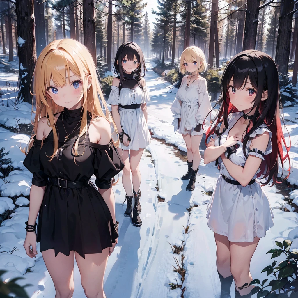 a group of beautiful witch girls in the middle of a forest in the night, standing girl young girl, gloves, elbow pads, boots, smiles, witch hat , small breasts, short black dress, necklaces, jewelry decorations , black red hair , red hair , black hair , blonde hair, blue eyes, full body,