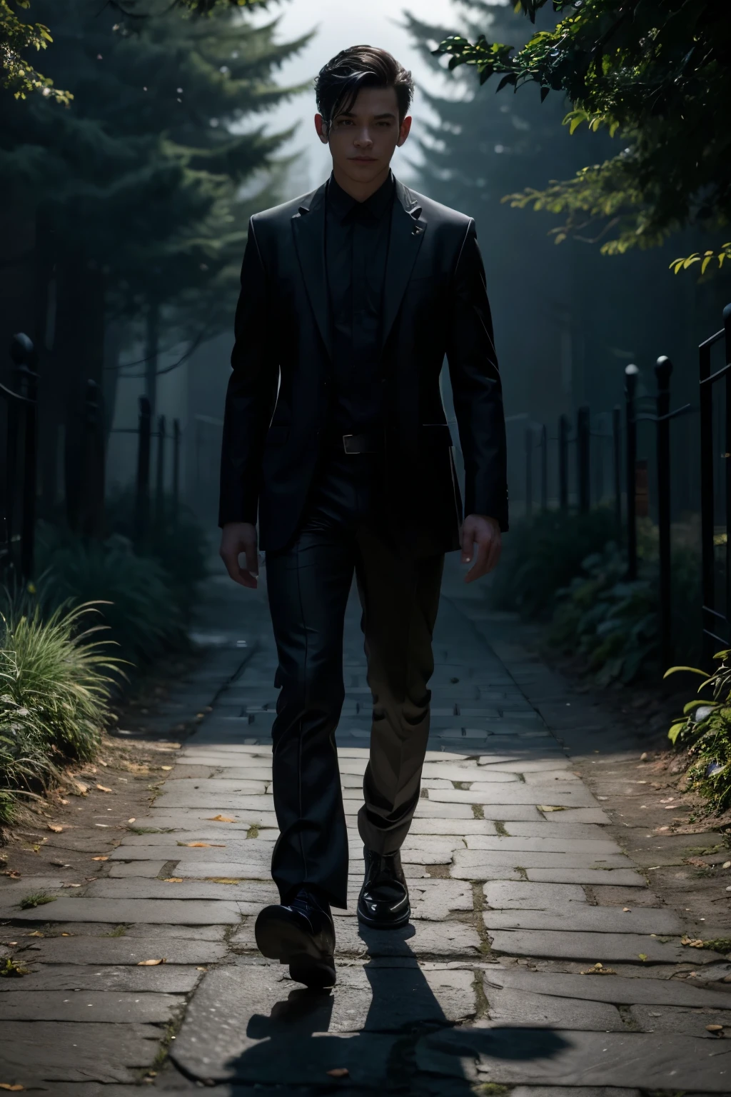 Show a male figure walking along a bright, illuminated path, avoiding a shadowy path where shadowy figures (representing the wicked) are present.