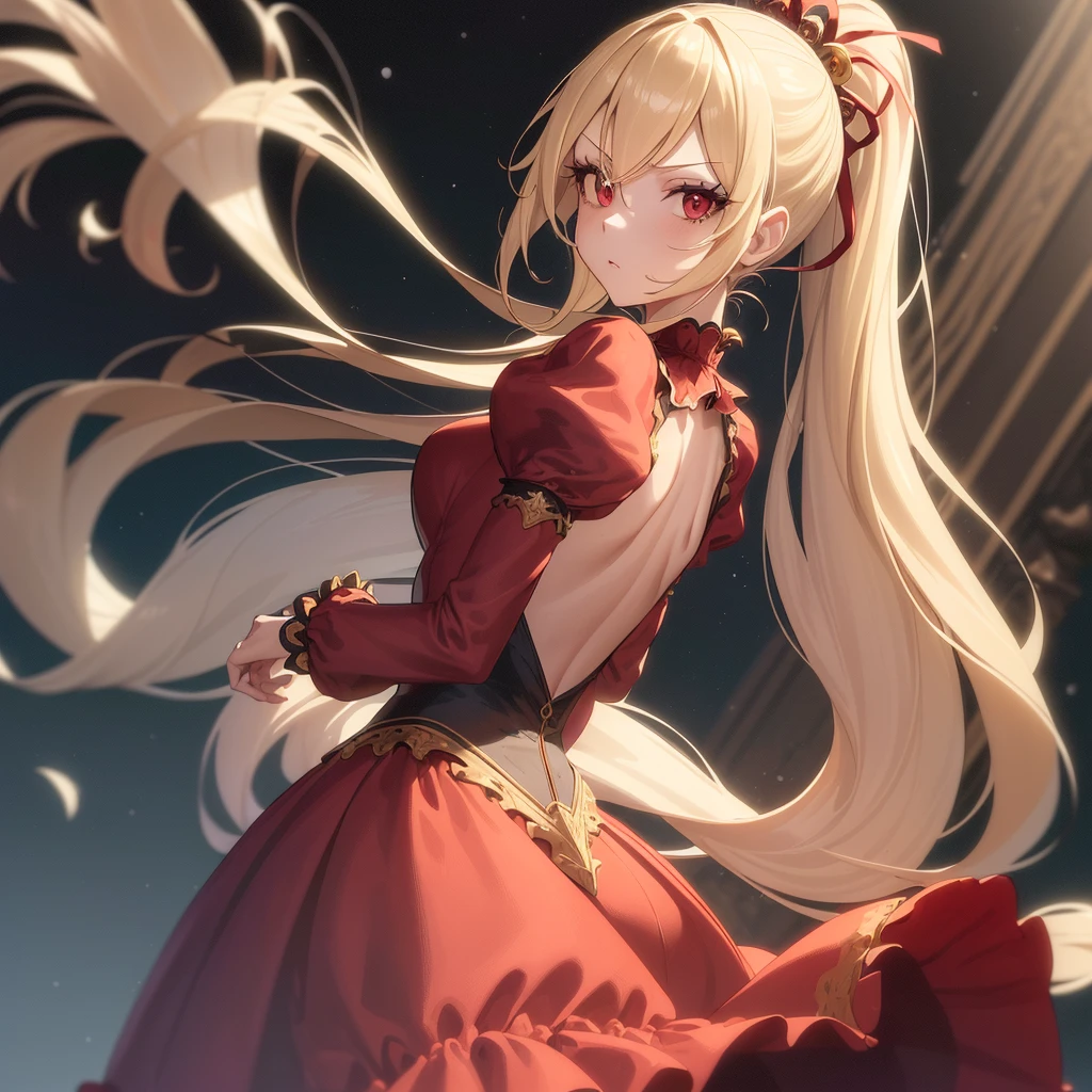 masterpiece, 1girl, solo, from behind, skirt lift, looking back, blonde hair, green eyes, bare shoulders, smile, red dress, jewelry, off-shoulder dress, earrings, looking at viewer, long twintails, ribbon, floating hair, hair between eyes, frilled dress, parted lips, hair flower, halterneck, sleeveless, choker, black background