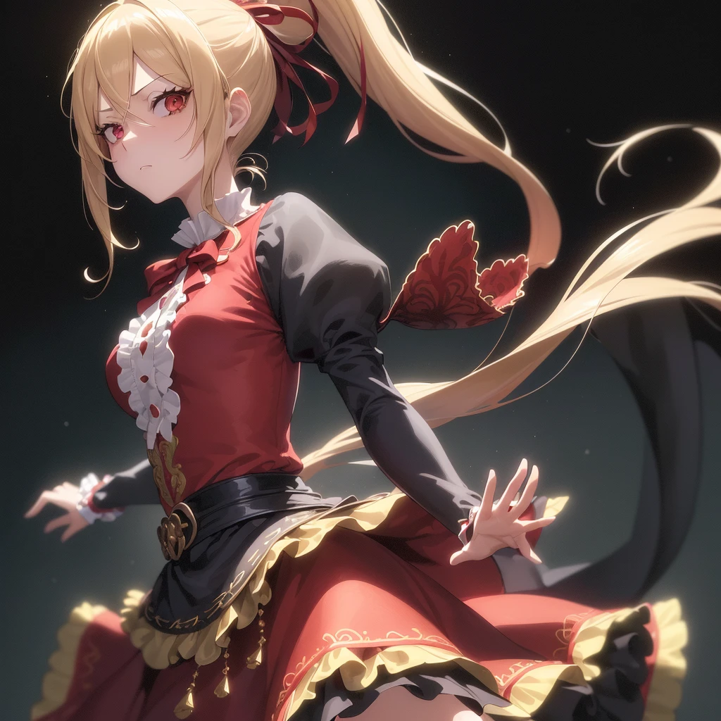 (masutepiece, Best Quality:1.2), Extremely detailed, detailed hairs, Soft skin,
1girl in, Solo, Standing, Upper body, from behind,
Blonde hair, Long hair, High Ponytail, Long ponytail,
Red Eyes, long eyelashes, thick eyelashes, Looking at Viewer,
Red dress, backless dress, ornate dress, Puffy skirt, Long skirt, Puffy sleeves, juliet sleeves, Long sleeves,
,
Black background,