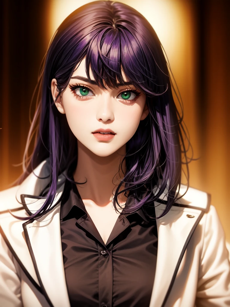 (masterpiece, best quality:1.2), intricate details, han sooyoung, 1girl, beautiful detailed eyes, beautiful detailed lips, extremely detailed face and eyes, long eyelashes, bangs, white coat, black shirt, long sleeves, photorealistic, studio lighting, ultra-fine painting, sharp focus, physically-based rendering, professional, vivid colors, bokeh, green eyes, purple hair
