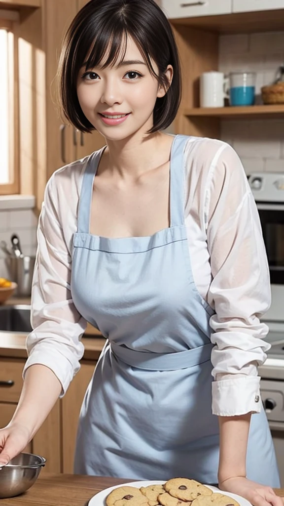 Browsing Caution:1.1、Active women, smile、Age: 40 years old, Mature Woman, Bake cookies in a sunny kitchen, Surrounded by flour, Stir the bowl、Huge breasts 、short hair、Black-haired、Wearing a white apron、Long Sleeve T-Shirt、((Tight clothing))、(blunt bangs)