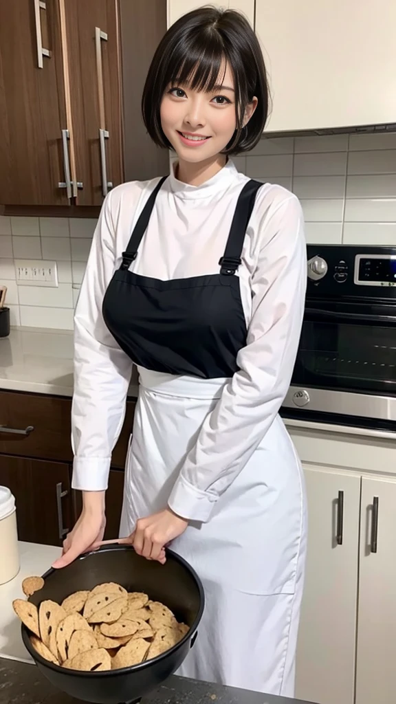 Browsing Caution:1.1、Active women, smile、Age: 40 years old, Mature Woman, Bake cookies in a sunny kitchen, Surrounded by flour, Stir the bowl、Huge breasts 、short hair、Black-haired、Wearing a white apron、Long Sleeve T-Shirt、((Tight clothing))、(blunt bangs)