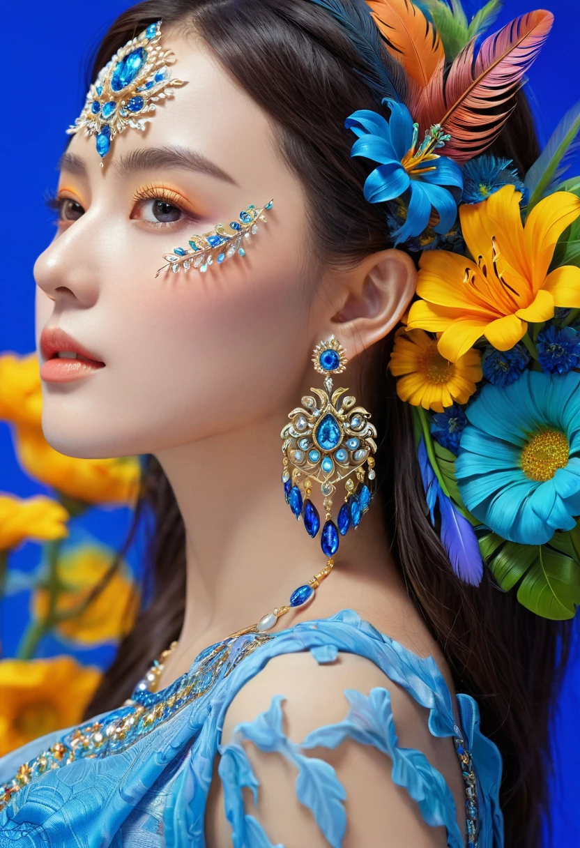 ((Fractal Art)),((masterpiece,best quality,Extremely detailed,Ultra-high resolution,Detailed background)),(((Blue Background))),(1 Girl),((rich and colorful)),Flowers,(Glowing skin),((Many colors)),(earrings),feather