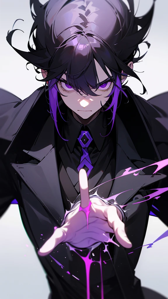 A tall, white man with short black hair and purple eyes. He is wearing a black overcoat. He has a serious expression, high detailed, 8K, masterpiece.