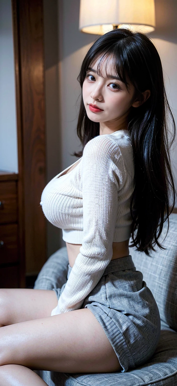 ((Best image quality, 8K, masterpiece: 1.3)), Sharp focus: 1.2, Kodak Portrait 400,Avoid the top of the screen，Accurate skin type，Texture with visible pores，Real Skin，Cute beauty with perfect figure: 1.4, (Medium-length black hair that smells nice) , Beautiful office lady fashion leader，(Business long sleeve knit sweater，The tight skirt of a long business suit is very beautiful，Highly detailed face），Eye-catching style during business meetings with customers，Professional photo from the side，ビジネスファッションに隠されたsexyなボディ，work，sitting cross-legged in a business chair in the reception room，Beautiful legs visible through the slit of a long business skirt when crossing legs，Highly detailed faceと肌の質感，fine grain，some moles，Big and ample breasts，Nice thighs，Shining Legs，Smooth Hair，Absolute territory of the feet，sexy, Neat bangs，Attractive body，Look kindly at your audience，Very delicate and beautiful, Beautiful big breasts,Accurate skin type，Texture with visible pores，Real Skin，Faintly visible muscles，High resolution 16K suitable for human skin,Beautiful natural lip color，(sexy looks of a 23 year old Japanese girl:1.5)， large company&#39;s office surrounded by skyscrapers，Inside a luxury office during the day，(Written boundary depth、chromatic aberration、、Wide range of lighting、Natural Shading、)、sexyさを漂わせる魅力的な表情とスタイル，work人々Against the backdrop of，I get horny for my business partner during the day，Dynamically appealing to the senses，Adorable