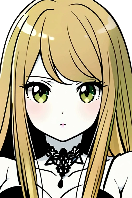Female character with drawing style by Ai Yazawa (Creator of Mangas like Nana or Paradise Kiss) with long straight blonde hair, grayish green eyes, pale skin and slim build.