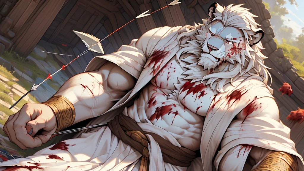 (masterpiece),(highres),(intricate details:1.4),extremely detailed,(illustration:1.2),8k,photorealistic,exquisite,solo, (Bold perspective),aged,elder male lion ,muscular, (Ancient Greek mythological style;1.8)(white robe:1.6),manhood,safeguard,(white hair:1.3),long hair,long white beard,scar,(badly damaged),(sacrifice),hurt,broken body ,(bleeding:1.9) ,(killed by his brother:1.9),(his chest was hit by an arrow:1.9)