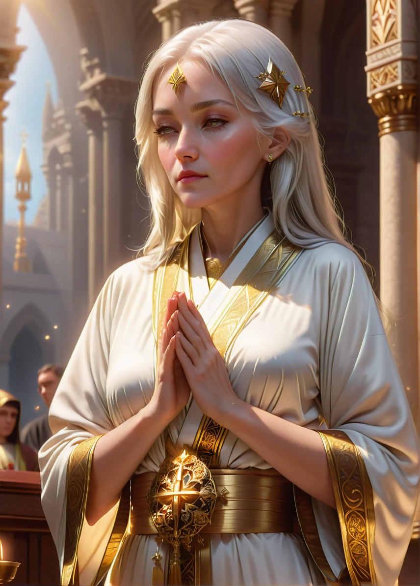 priestess, (old slim female: 1.5), (white hair: 1.1), (serious calm look: 1.5), skinny, holly symbols and patterns, (white and gold robe: 1.5), church in sunny glow , praying to god, full shot, ((looking at viewer:1.2), (from side:0.8)), athletic, volumetric lighting dynamic lighting, real shadows, vibrant contrasting colors, style of Stephen Hickman and Stan Manoukian, ultra realistic, masterpiece, high quality, highres, sharp focus, intricate, sharp details, highly detailed, rich color, 8K,