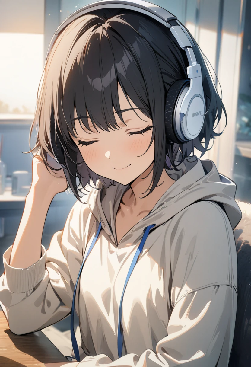 1girl, solo, gentle smile on her face flat chest, short hair, black hair, upper body, ((masterpiece, illustration, best quality)) ((best quality)), ((masterpiece)), (detailed), perfect face, sitting under the Blue Jacaranda (Jacaranda mimosifolia), listening to music, One woman, wearing headphones, eyes closed, wearing a hoodie