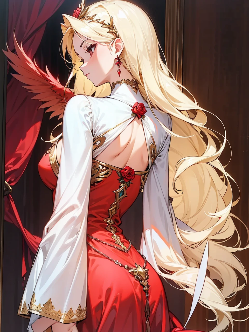 Add in roses to her dress, a good back dress design with some golden jewelry, make her dress into a red and white gown with a hat, give her some unique Jewelry, and make her look somewhat of a demonic angel like appearance to her