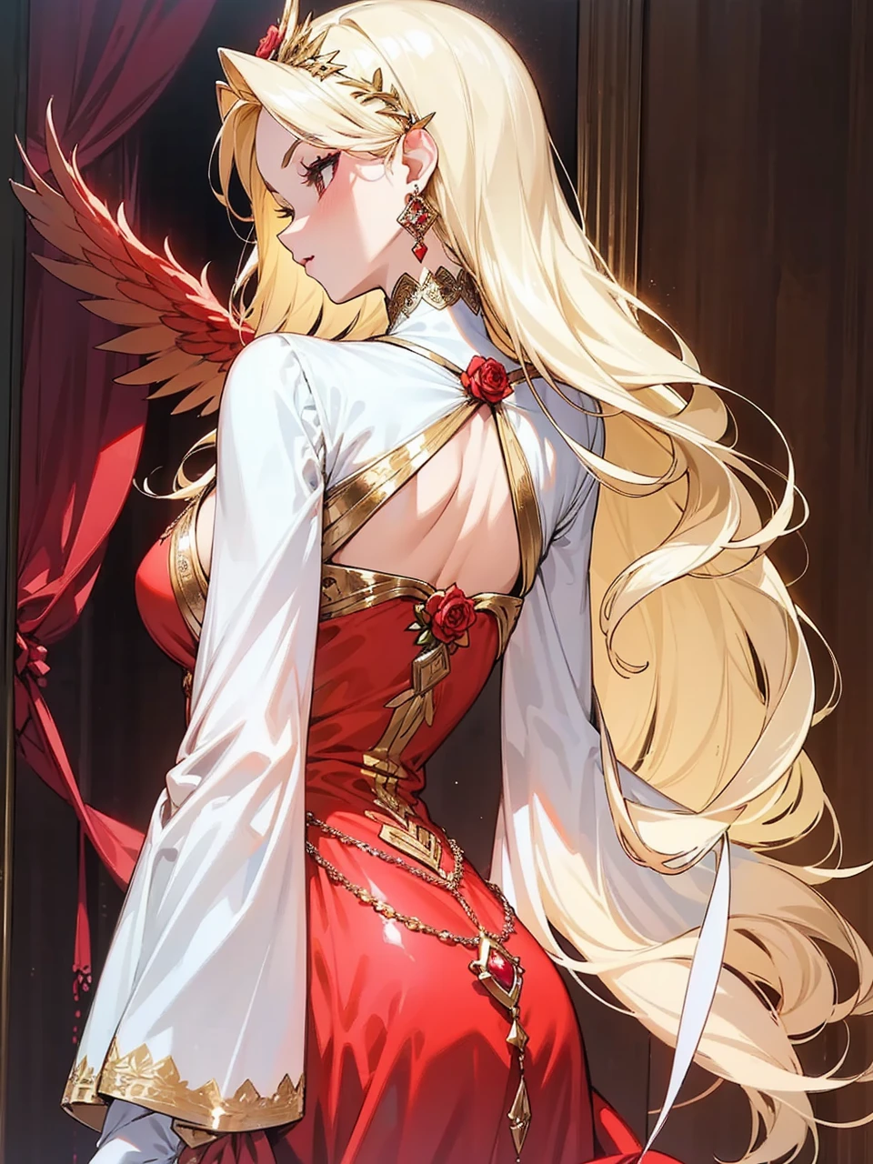 Add in roses to her dress, a good back dress design with some golden jewelry, make her dress into a red and white gown with a hat, give her some unique Jewelry, and make her look somewhat of a demonic angel like appearance to her