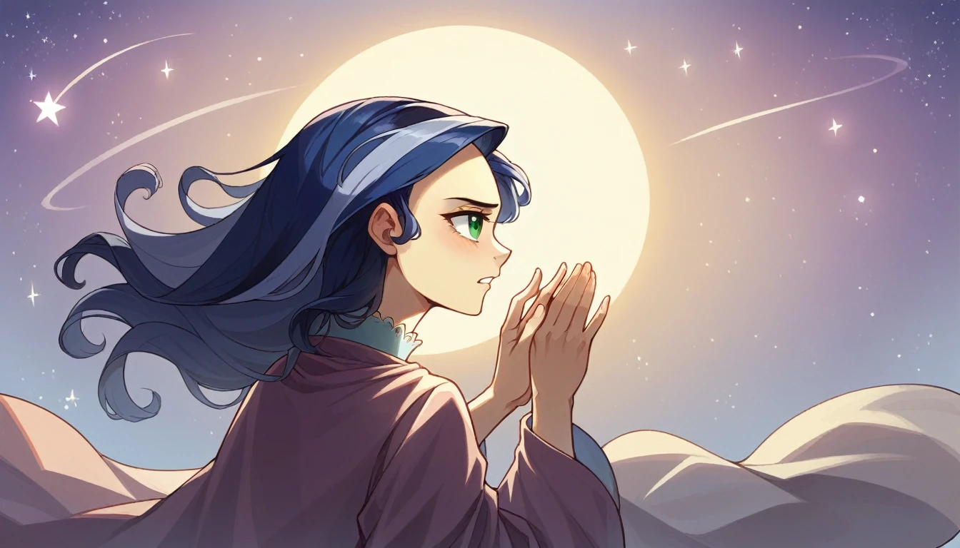Under the bright starry sky,A girl with long gray hair and green eyes stands gently on the top of the mountain.。She was wearing a light gauze dress,Gently flutter in the wind,As if blending into the night sky。The girl clasped her hands together gently,Looking into the distance tenderly,It seems to be making a wish or feeling the vastness of the universe.。In the background,Stars,The Milky Way spans the sky,It shows the mystery and magnificence of the universe。The whole picture is dominated by dark blue and purple.,Create a dreamy and peaceful atmosphere,Makes people feel the peace of mind and。"