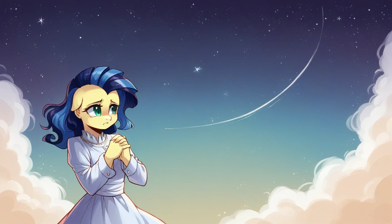 Under the bright starry sky,A girl with long gray hair and green eyes stands gently on the top of the mountain.。She was wearing a light gauze dress,Gently flutter in the wind,As if blending into the night sky。The girl clasped her hands together gently,Looking into the distance tenderly,It seems to be making a wish or feeling the vastness of the universe.。In the background,Stars,The Milky Way spans the sky,It shows the mystery and magnificence of the universe。The whole picture is dominated by dark blue and purple.,Create a dreamy and peaceful atmosphere,Makes people feel the peace of mind and。"