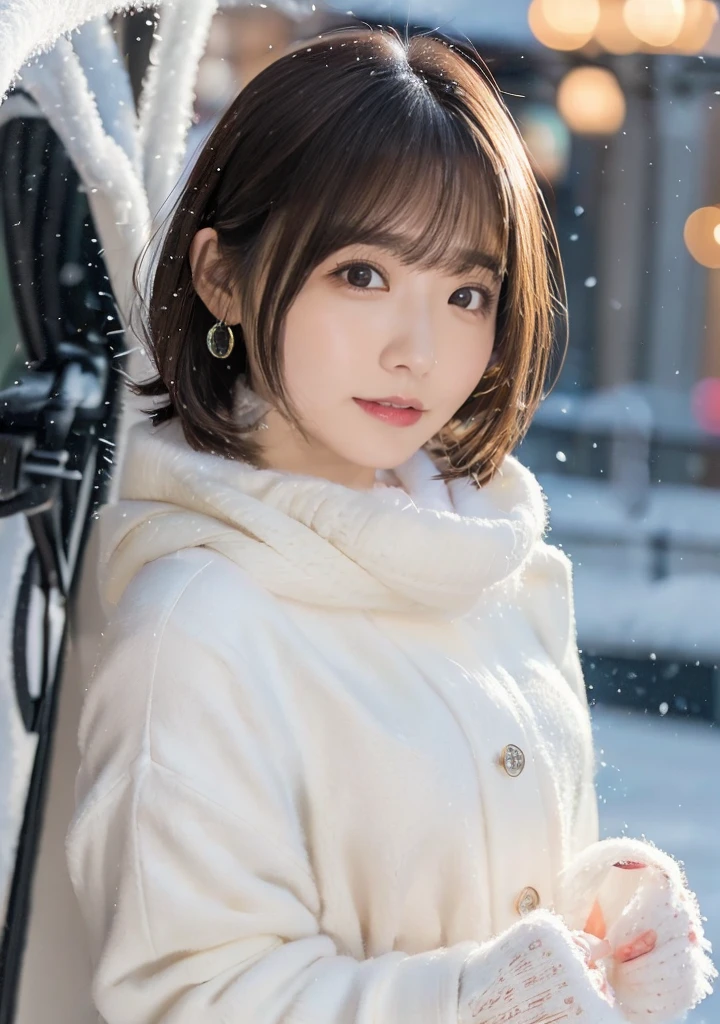 Hair blowing in the wind、Medium Short Hair、Fluffy scarf、Sigh、Photo from the waist up、Night city illumination shot、Cowgirl Shot、Fur coat、豪華なグレーのミンクのFur coat、Wear fine leather boots、Luxury Bags、Inner turtleneck、Silver necklace and small silver earrings Millionaire style:1.4））、Full body photo、smile、 Caustics、Highly detailed photos、Very beautiful woman 、Ample breasts、No makeup、(8K、RAW Photos、Highest quality、masterpiece:1.2)、(Realistic、Realistic)、1 Girl、((Medium Short Hair、Midwinter、Cold region Snow falling、The wind is blowing、Fluttering Hair、Blur the background、Colorful illuminations、Looking into the camera:1.4))、
