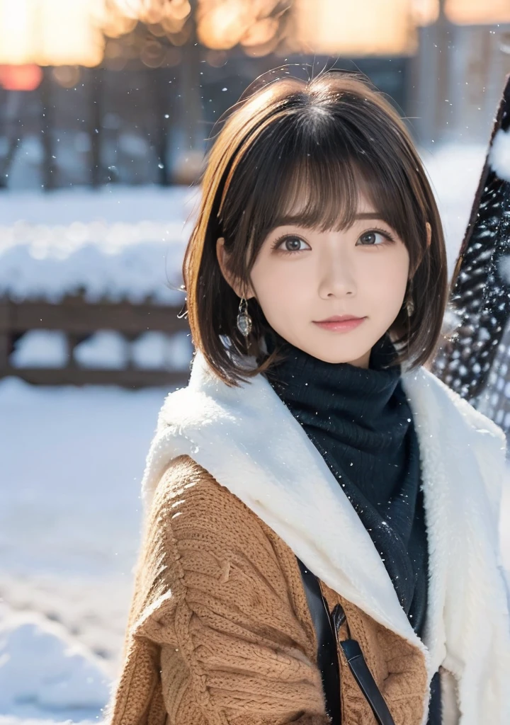 Hair blowing in the wind、Medium Short Hair、Fluffy scarf、Sigh、Photo from the waist up、Night city illumination shot、Cowgirl Shot、Fur coat、豪華なグレーのミンクのFur coat、Wear fine leather boots、Luxury Bags、Inner turtleneck、Silver necklace and small silver earrings Millionaire style:1.4))、Full body photo、smile、 Caustics、Highly detailed photos、Very beautiful woman 、Ample breasts、No makeup、(8K、RAW Photos、Highest quality、masterpiece:1.2)、(Realistic、Realistic)、1 Girl、((Medium Short Hair、Midwinter、Cold region Snow falling、The wind is blowing、Fluttering Hair、Blur the background、Colorful illuminations、Looking into the camera:1.4))、