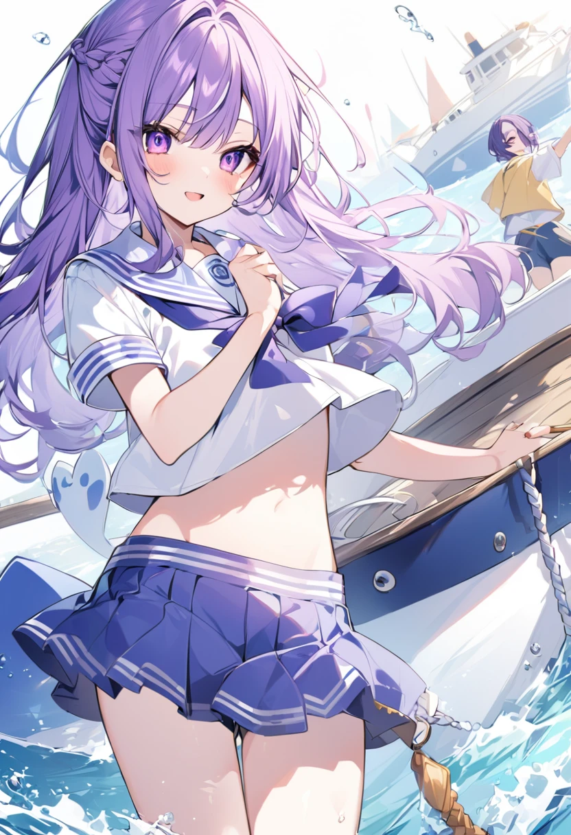 Keito。Purple Eyes。Purple Hair。Sailor suit。Boat