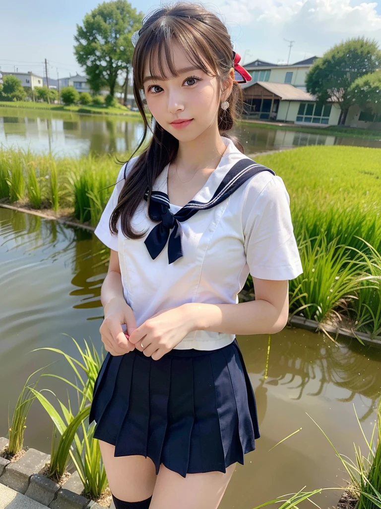 ((Best of the highest quality, 8k, Masterpiece, raw photo: 1.2)), (Sharp focus: 1.2), (1 AESPA, slim body type female, 21 y/o: 1.1), (solo: 1.28), (realistic, photo-realistic:1.37), face focus, cute face, finely eyes, (droopy eyes: 1.32), (Emphasize prominent aegyo-sal with bright: 1.2), shimmering eyeshadow applied under the lower lash line, paired with thick, (small breasts, flat chest, Thigh: 1.3), (short messy hair, updo: 1.28), (school sailor uniform, ribbon: 1.32), walking river, (rice field, paddy field: 1.1), flower, (from below: 1.16)