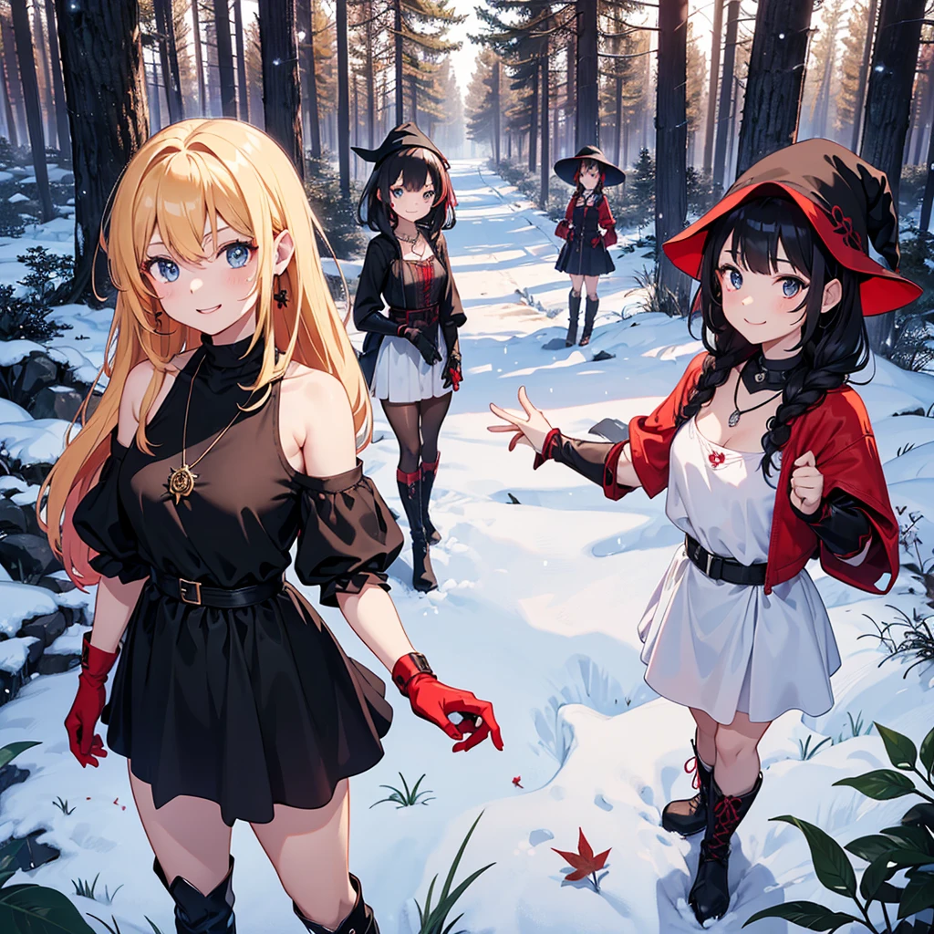 a group of beautiful witch girls in the middle of a forest in the night, tribal tattoo , red and black hair , standing girl young girl, gloves, elbow pads, boots, smiles, witch hat , small breasts, short black dress, necklaces, jewelry decorations , black red hair , red hair , black hair , blonde hair, blue eyes, full body,