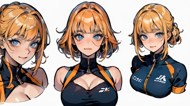 ((1 girl)), Latest trends in clothing, cheerful grin, animated expressions, Sportswear, shorts,blackstockings, racing, Garden ,((very detailled,highest quallity, high resolution, 8 k wallpaper, pretty clothing,)),(hair orange, Hair to the shoulders, juvenile,bouncy hair, ((asymmetrical bangs)) ,(shining blue eyes),ombre, eyeliner,glowing eye, very detailledな目, complex eyes, gorgeous eyes, 輝くBright blue eyes 17 year old