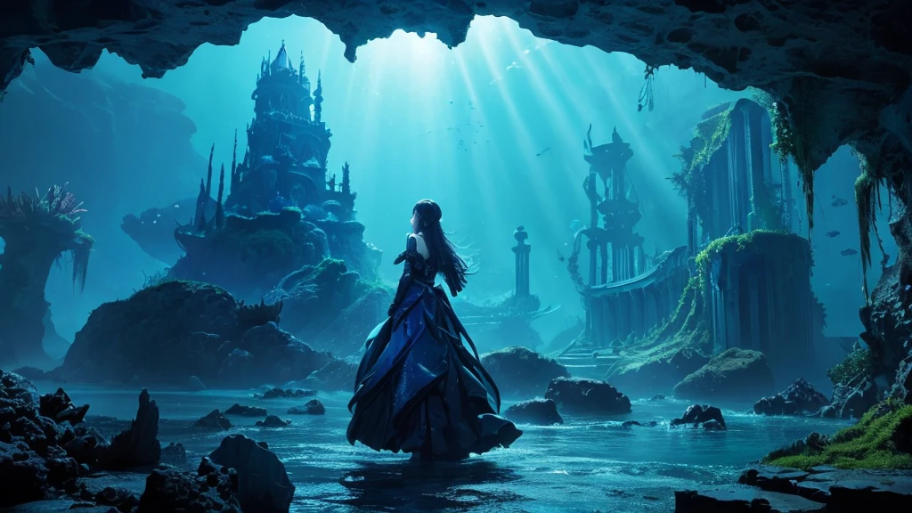 Mysterious image of the deep sea。The color is a deep blue。Sea foam is also placed in the center.。Less light。Image inside the cave