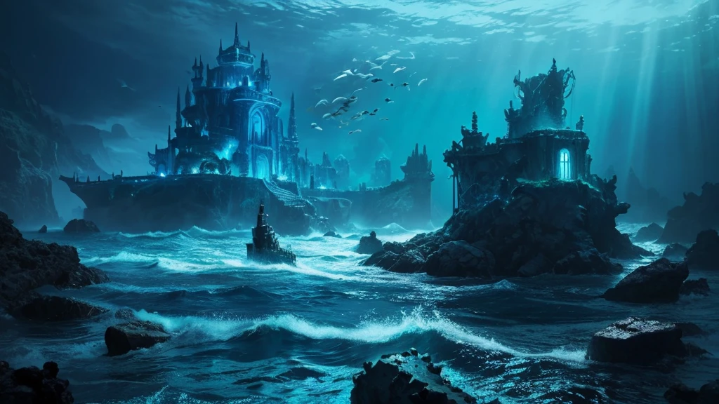 deep sea、The overall color is dark and deep blue.、Fantasy、ruins、Expressing sea foam、Realistic、Less light