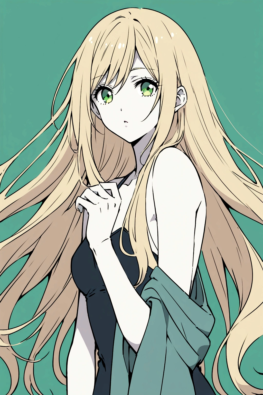 Female character with drawing style by Ai Yazawa (Creator of Mangas like Nana or Paradise Kiss) with long straight blonde hair, grayish green eyes, pale skin and slim build.