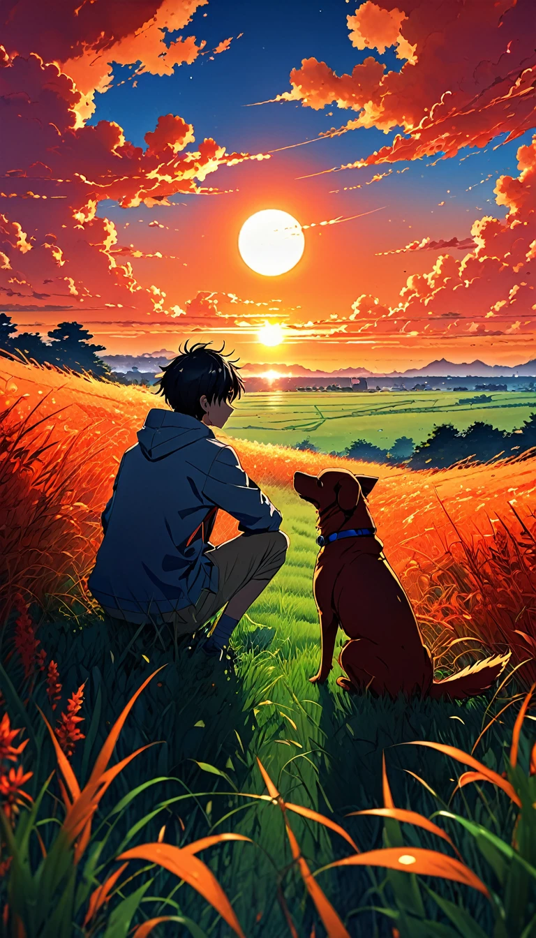 high quality, 8K Ultra HD, great detail, masterpiece, an anime-style digital illustration, anime landscape of a boy with his dog sitting in a field of grass looking at a hellish orange and red sunset, nature anime wallpapers with a serene sky, anime beautiful scene, beautiful anime peace scene, Makoto Shinkai Cyril Rolando, beautiful anime scene, amazing wallpaper, 8k anime art wallpaper, anime background, art anime background, background anime wallpaper 4k, anime art wallpaper 4k, 4k