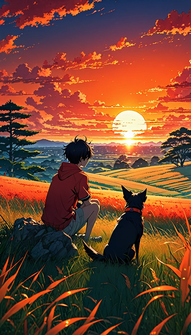 high quality, 8K Ultra HD, great detail, masterpiece, an anime-style digital illustration, anime landscape of a boy with his dog sitting in a field of grass looking at a hellish orange and red sunset, nature anime wallpapers with a serene sky, anime beautiful scene, beautiful anime peace scene, Makoto Shinkai Cyril Rolando, beautiful anime scene, amazing wallpaper, 8k anime art wallpaper, anime background, art anime background, background anime wallpaper 4k, anime art wallpaper 4k, 4k