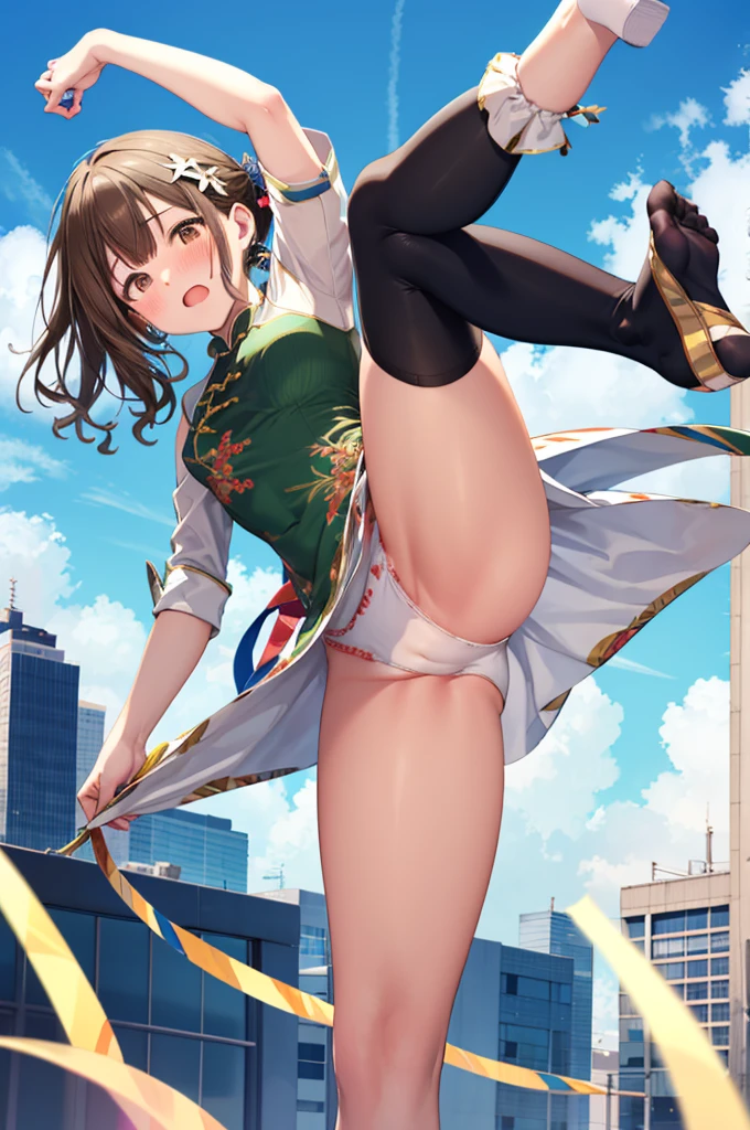 masterpiece, Highest quality, Confused, 1 girl, Looking at the audience,Embarrassed、、City、blush Surprised China dress White panties tights From below Brown Hair Leg spread ((High Kick)) Perfect Legs Beautiful legs