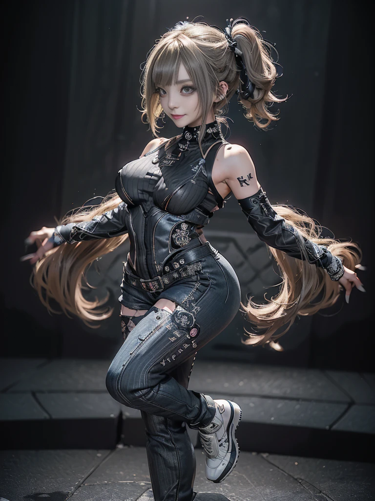 (Full Body View:1.4)、(Side view:1.1)、(Smiling with teeth showing:1.3),(Shibuya Gal:1.5)、(Gothic ta style fashion:1.5)、(Punk RockVisual Kei:1.5)、(Wearing a rhythmic gymnastics bodysuit with intricate details:1.4)、(Racing suit and pants with intricate decorations in white, denim and charcoal:1.5)、(Denim and light blue and white boots:1.3)、((belt))、(Numerous delicate logo marks all over the costume:1.4)、(collar:1.3)、(Striped underwear:1.5)、20-year-old、NSFW、((Highest quality、In 8K、masterpiece:1.3))、Sharp focus:1.2、(Layered Cut、Huge boobs:1.1),Beautiful woman with perfect figure:1.4、(Dancing vigorously:1.3)、Slender Abs:1.2、Highly detailed face and skin texture、Detailed eyes、double eyelid,(Twin tails:1.3)、(Brown-golden hair:1.3)、Gravure idol、(The background is the stage of the fashion show:1.3)、(Slim body:1.3),(Make your legs thinner:1.4),(clavicle:1.1)、(Thin and slim thighs:1.3)