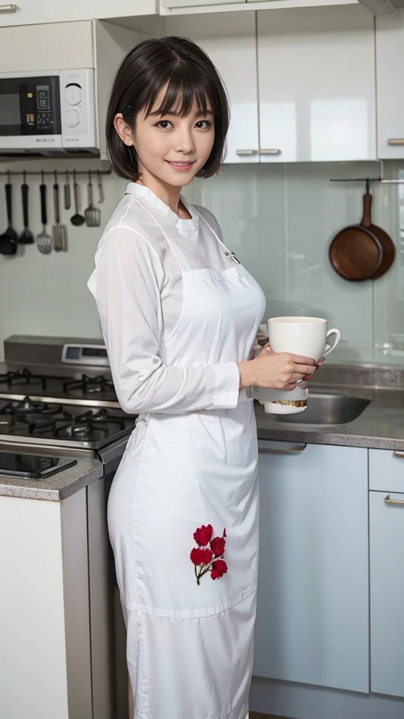 40 year old woman, Beautiful expression, A detailed eye, 二重まぶた, Detailed lips, lightsmile, (((Huge breasts))), (((White breastplate apron))), Short brunette hair, thighs thighs thighs thighs, Standing, (Photorealsitic:1.4), (Top image quality:1.0), (超A high resolution:1.0), 8K, Raw photography, (masterpiece), Background with; ((kitchin))