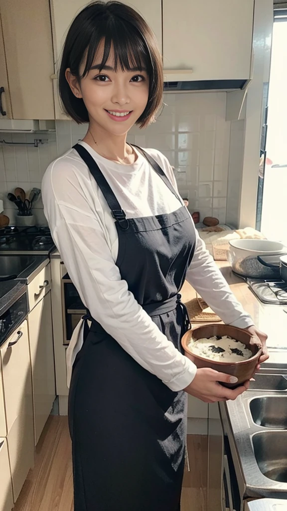 Browsing Caution:1.1、Active women, smile、Age: 40 years old, Mature Woman, Bake cookies in a sunny kitchen, Surrounded by flour, Stir the bowl、Huge breasts 、short hair、Black-haired、Wearing a white apron、Long Sleeve T-Shirt、((Tight clothing))、(blunt bangs)