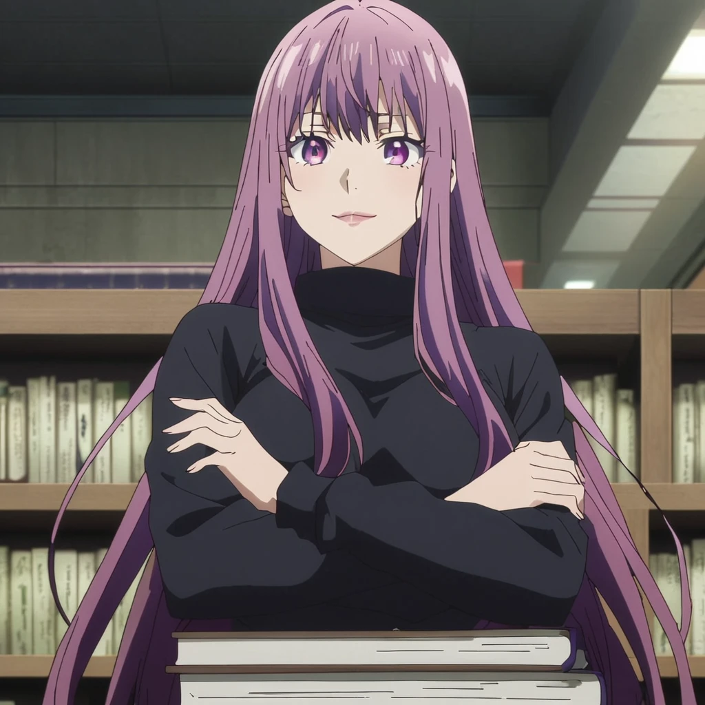 1girl, anime screencap from jujutsu kaisen, solo, very long_hair, ((smooth texture hair)) purple eyes, ((length_hair, purple_hair, very_length_hair, purple_eye)), breasts, upper_body, smile, indoors, book, red_eyes, lips, (( length_hair, purple_hair, very_length_hair, purple_eye)) wearing black color sweater, breast, "very detailed and high resolution" (purple eyes) ((cross arms))  ((smooth texture hair)) ((solo)) ((high resolution)) (Good quality) 